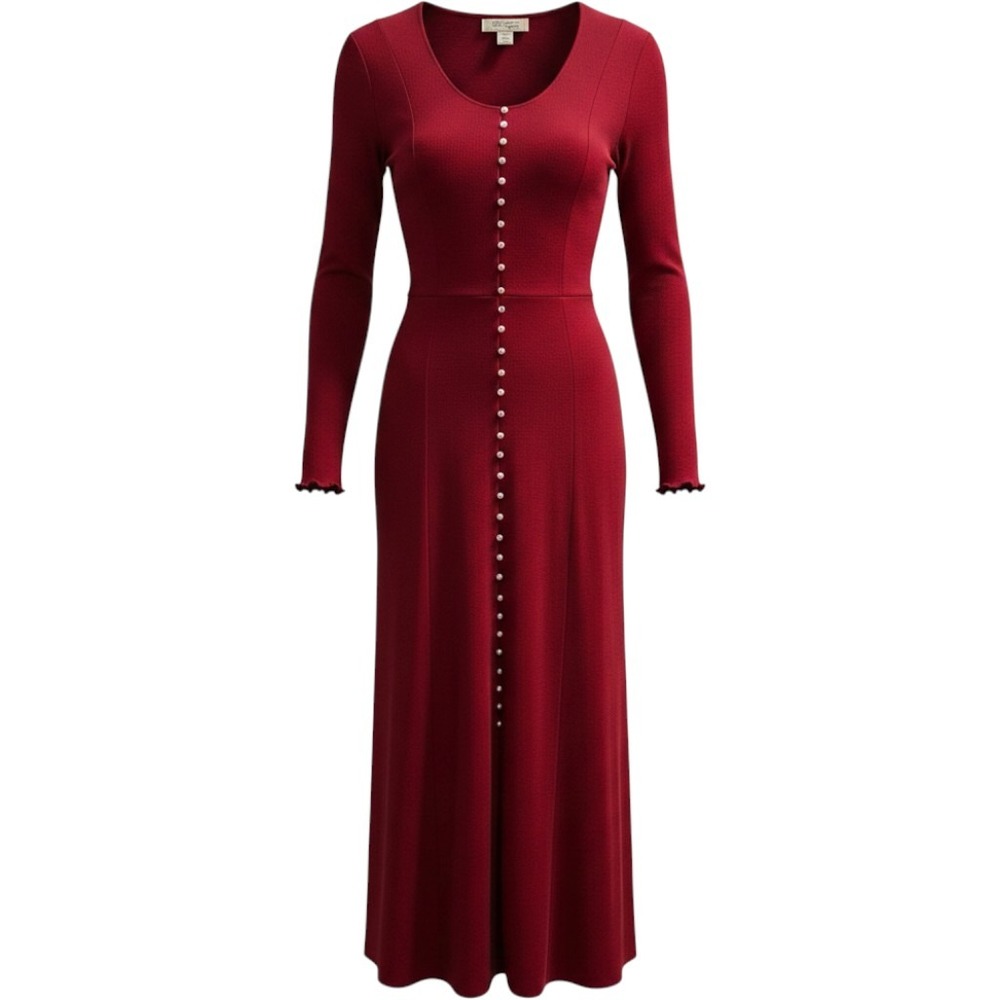 Vintage California Gold Rush Dress M Red Aline Pearl Button Maxi French Country